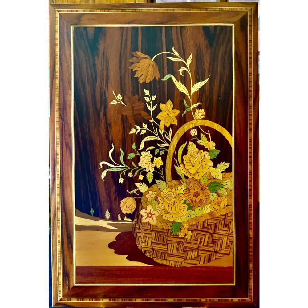 Vintage Italian Sorrento Marquetry Wood Inlay Wall Panel Floral Basket 14x20
